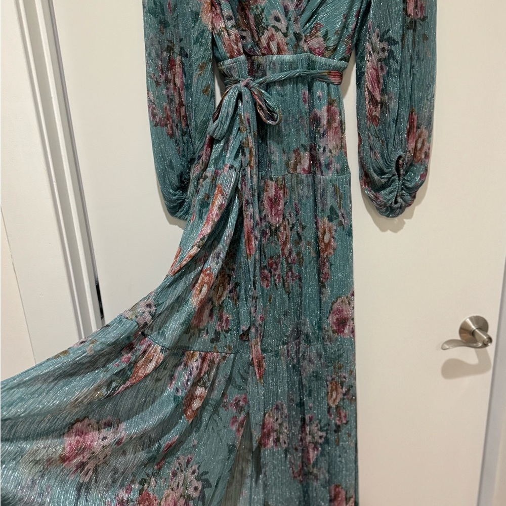 Eliza J Teal Floral Maxi Gown with V-Neck- Size 10